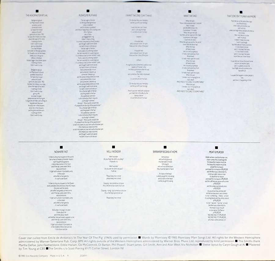 Photo Two of the original custom inner sleeve  THE SMITHS - Meat is Murder
