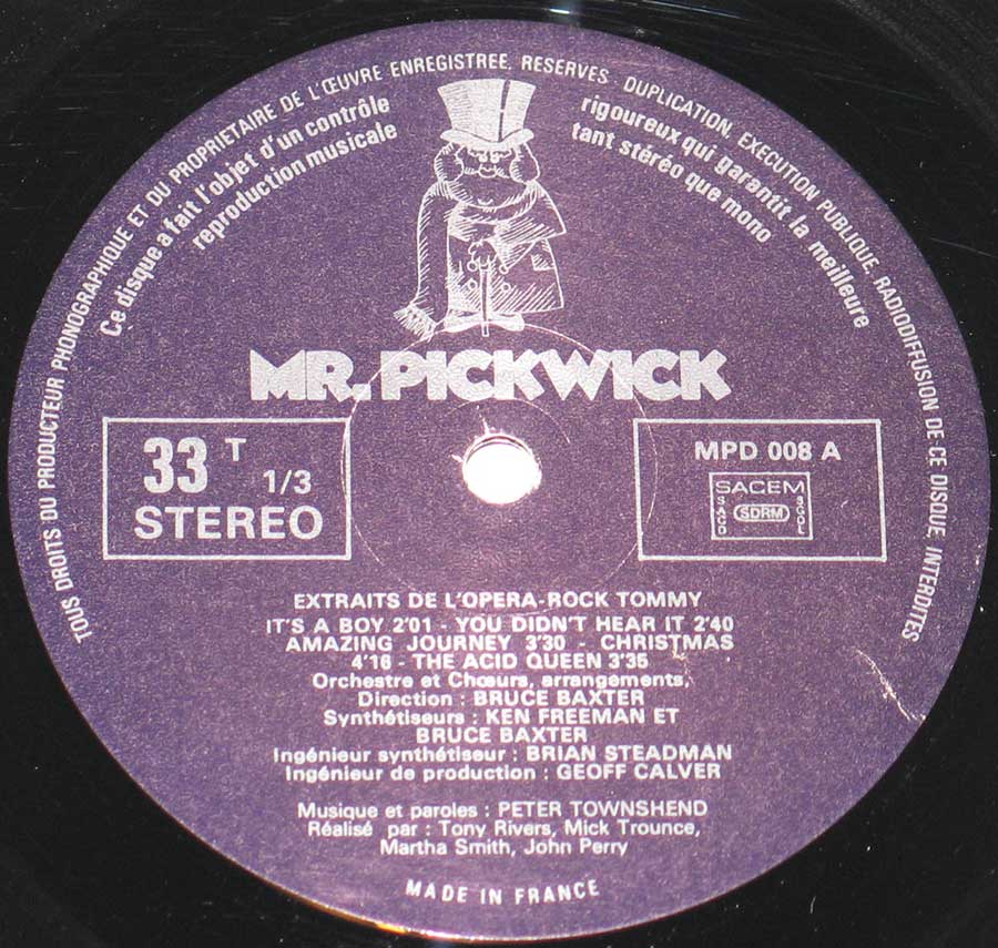 "Extraits de L'Opera Rock Tommy" Record Label Details: Mr. Pickwick MPD 008, Made in France 