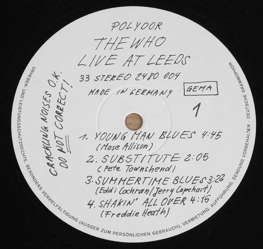 "Live at Leeds" White Colour Record Label Details: Made in Germany 