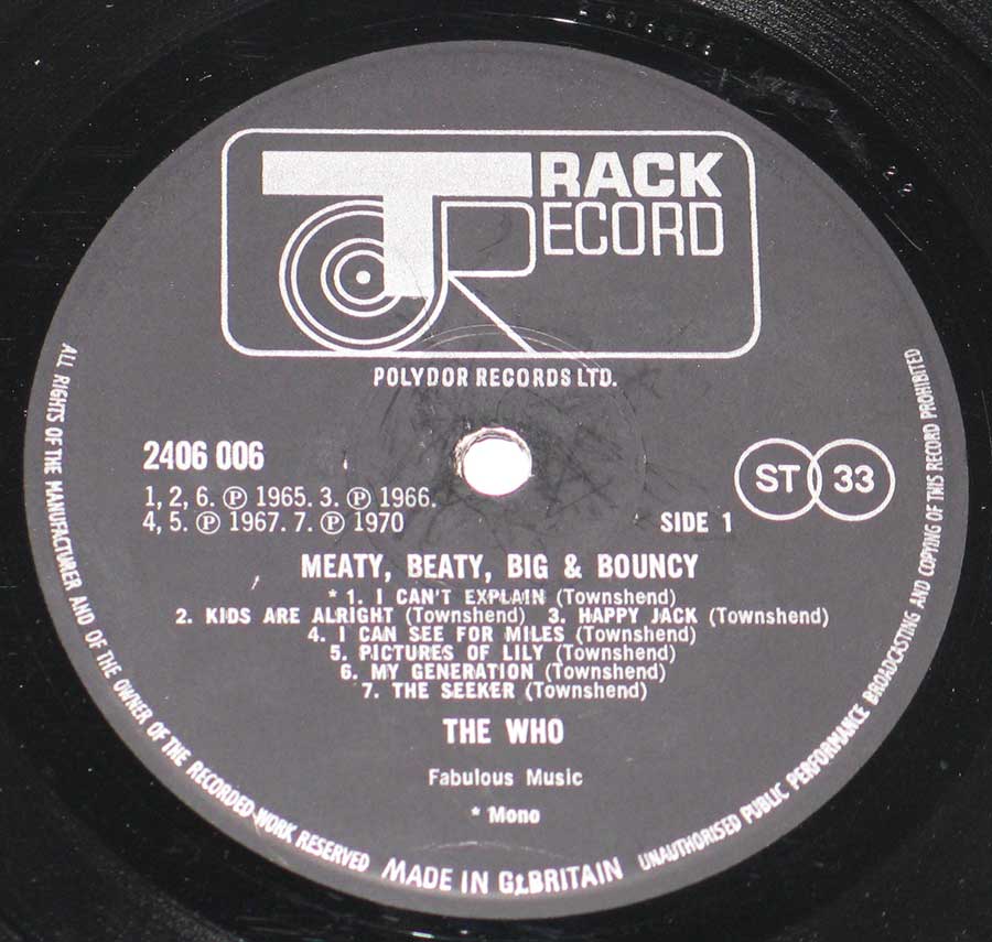 Close up of record's label THE WHO - Meaty Beaty Big & Bouncy  Side One
