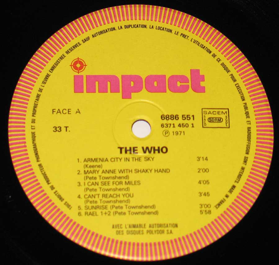 Close up of record's label The WHO Self-Titled Impact Records Side One