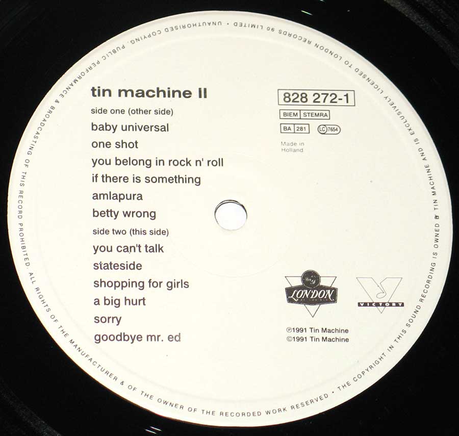 Close up of record's label TIN MACHINE - Tin Machine II with David Bowie 12" Vinyl LP Album  Side One
