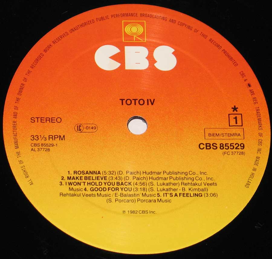 Close up of record's label TOTO - IV 12"Vinyl LP Side One
