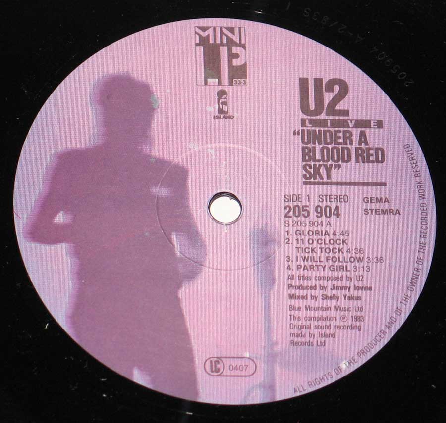Close up of record's label U2 Live - Under a Blood Red Sky Uncensored 12" Vinyl LP ALbum Side One