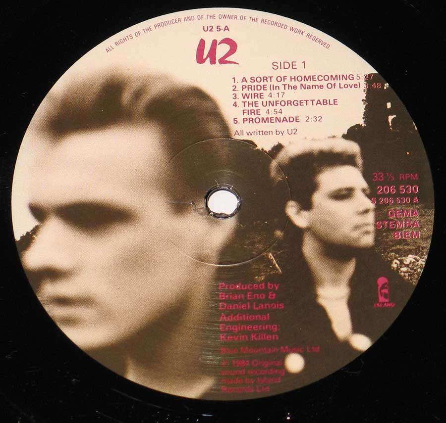 Close up of Side One record's label U2 - The Unforgettable Fire 12" VINYL LP ALBUM