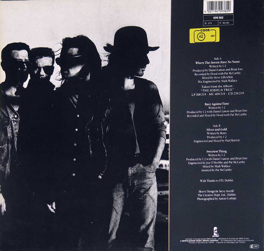 U2 - Where the Streets Have no Name - Brian Eno 12" EP Maxi Vinyl back cover