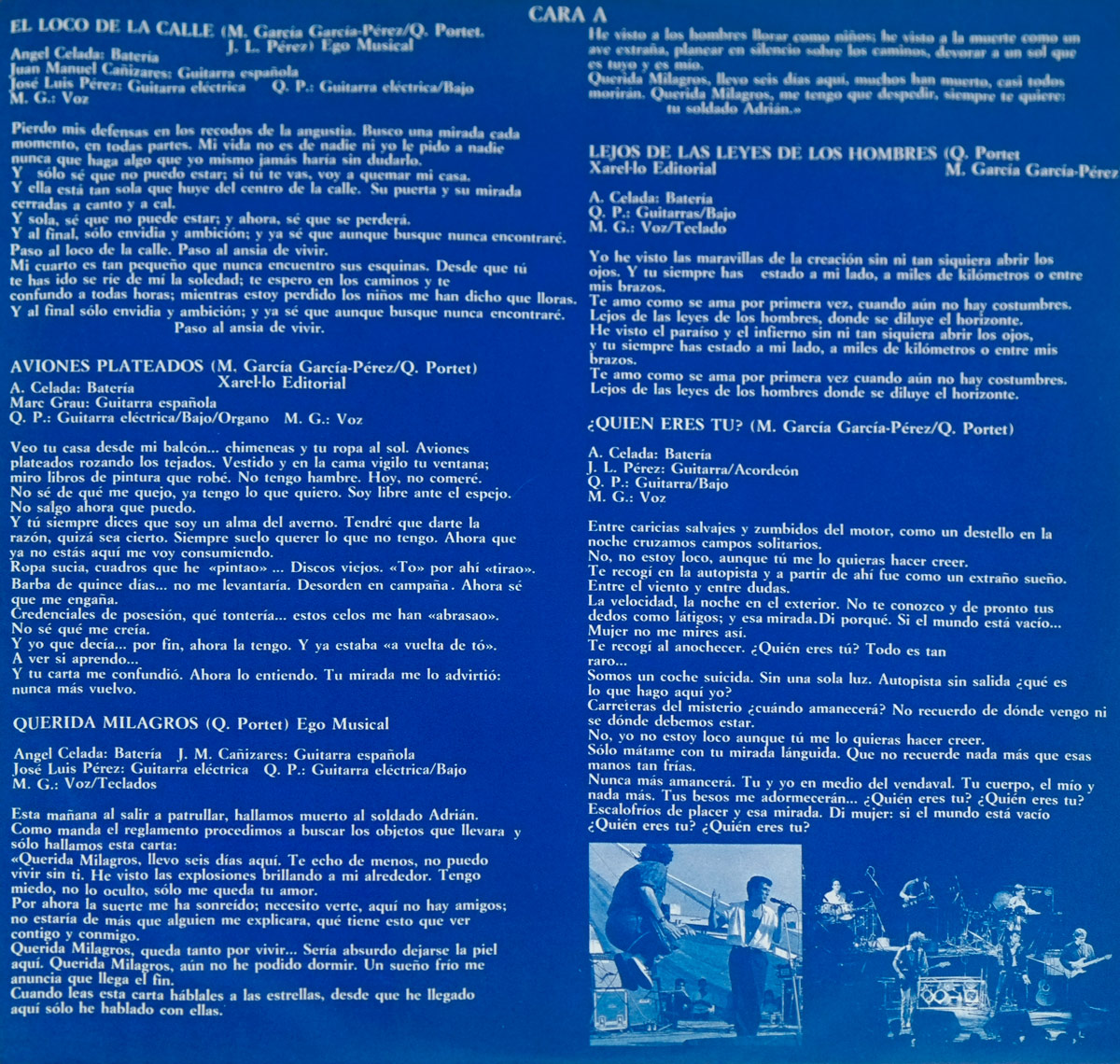 Inner sleeve of Último de la Fila's 'Nuevas Mezclas' album featuring song lyrics and credits in white text on a deep blue background with small images of live performances.