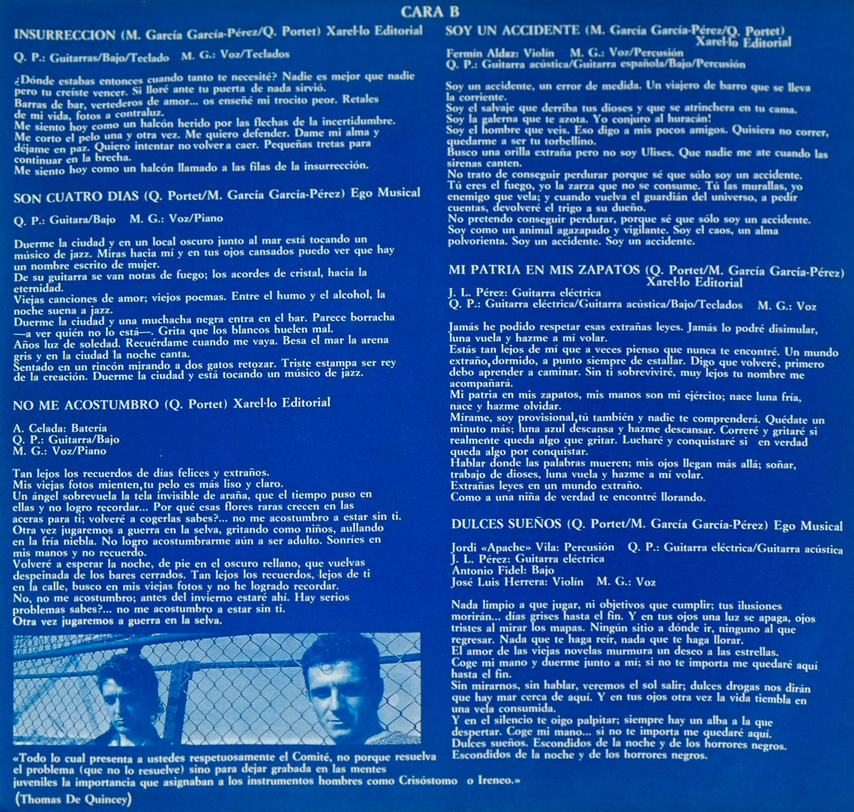 Second inner sleeve of Último de la Fila's 'Nuevas Mezclas' album featuring song lyrics and credits in white text on a deep blue background with a small photo of band members behind a fence.