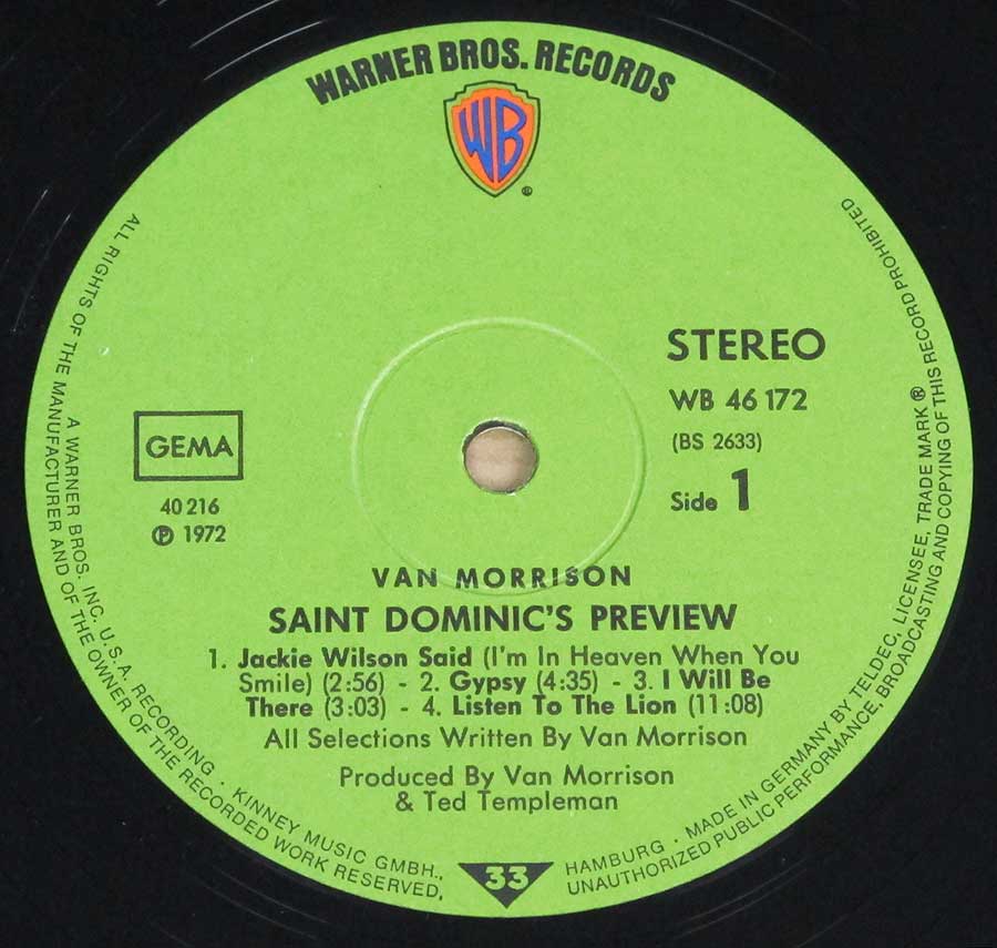 Close up of record's label VAN MORRISON - Saint Dominic's Preview Side One