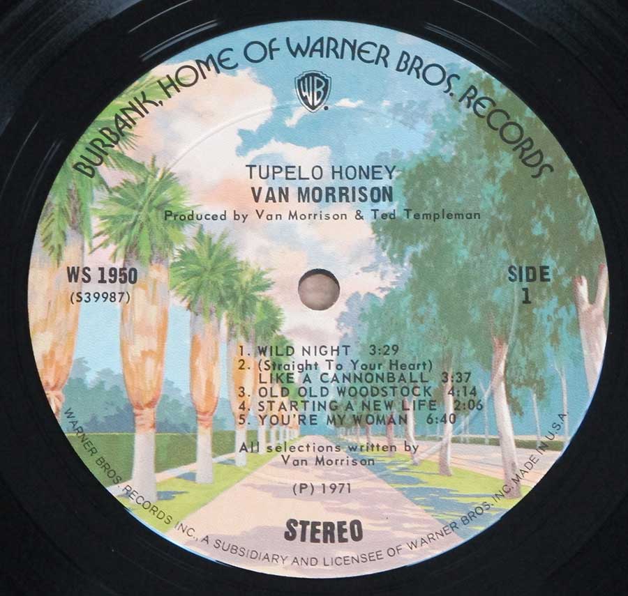 Close up of record's label VAN MORRISON - Tupelo Honey Side One
