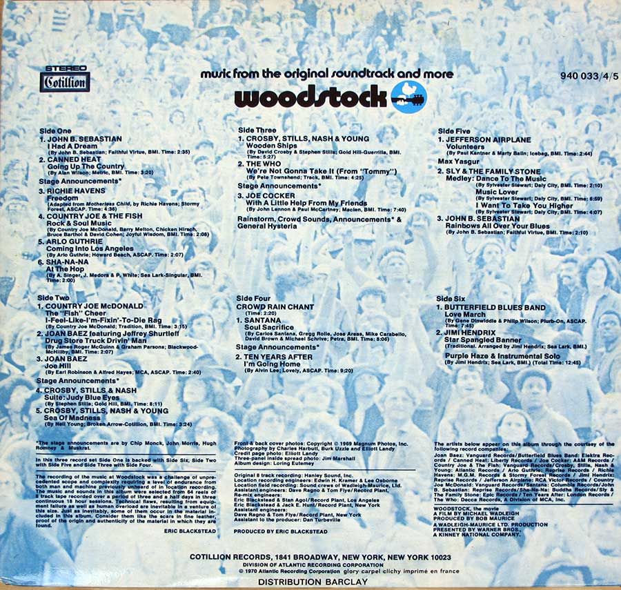 Photo of the left page inside cover Woodstock 69 Original Movie Soundtrack FRANCE 3LP 12" VINYL ALBUM 