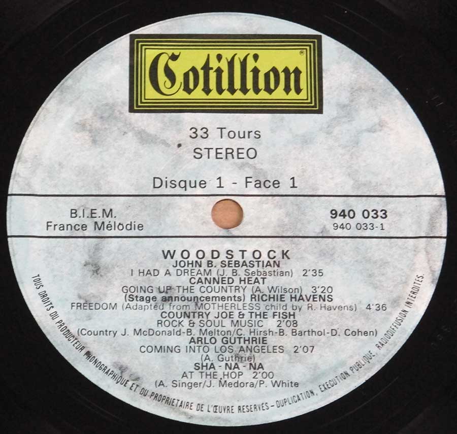 Close up of record's label Woodstock 69 Original Movie Soundtrack FRANCE 3LP 12" VINYL ALBUM Side One