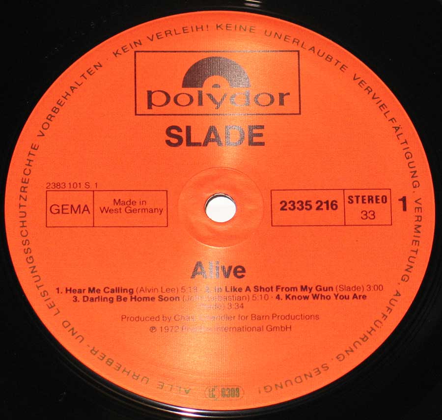 "Alive!" Red/Orange Colour Polydor Record Label Details: Polydor 2335 216 , made in West Germany ℗ 1972 Sound Copyright 
