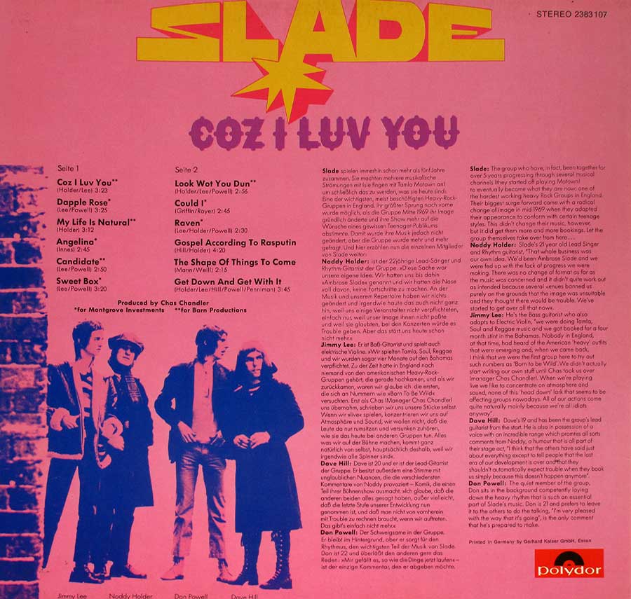 SLADE - Coz I Love You Glam 12" Vinyl LP Album
 back cover