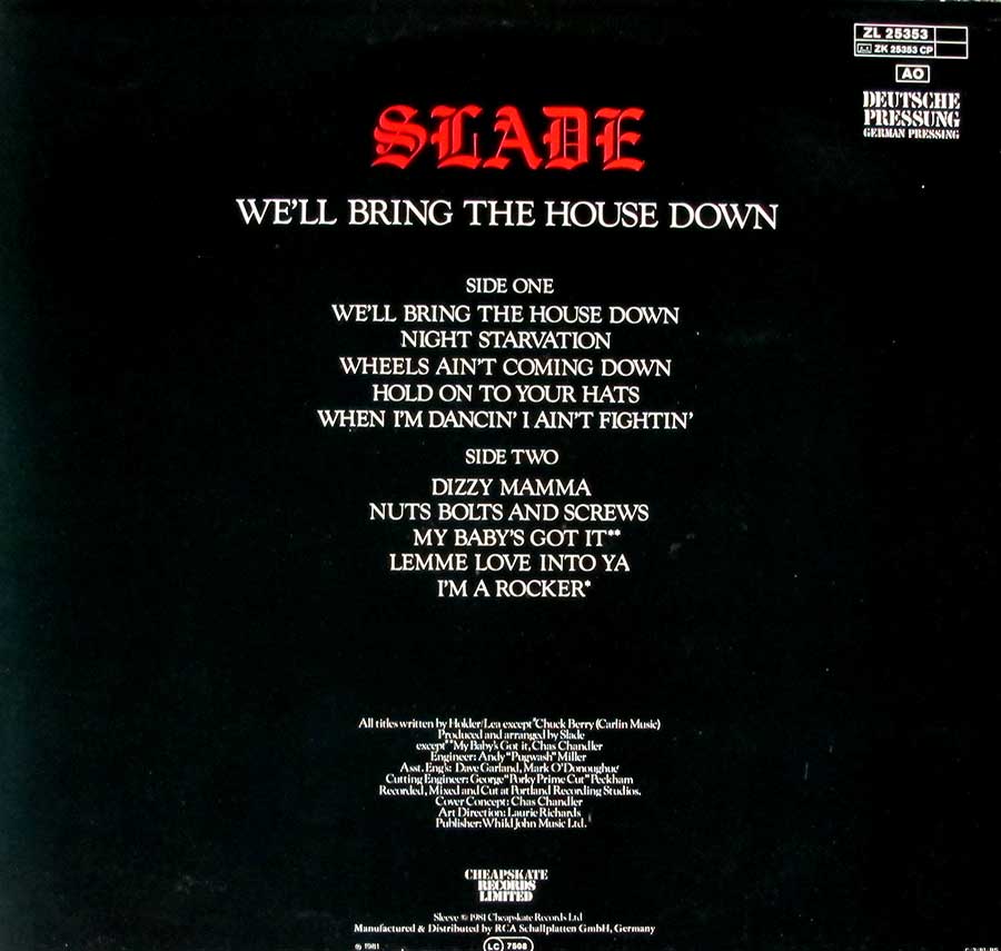 SLADE - We'll Bring The House Down 12" LP Vinyl Album back cover