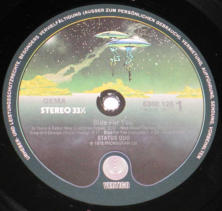 STATUS QUO - Blue For You German Release 12" Vinyl LP Album enlarged record label