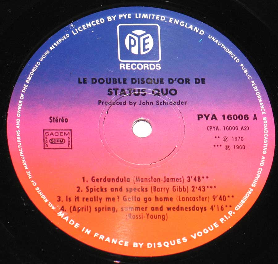 STATUS QUO - Le Double Disque D'or de Status Quo 2LP Vinyl Album enlarged record label