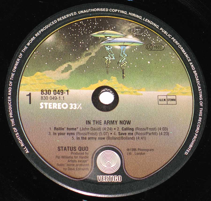 STATUS QUO - In The Army Now 12" LP Vinyl Album enlarged record label