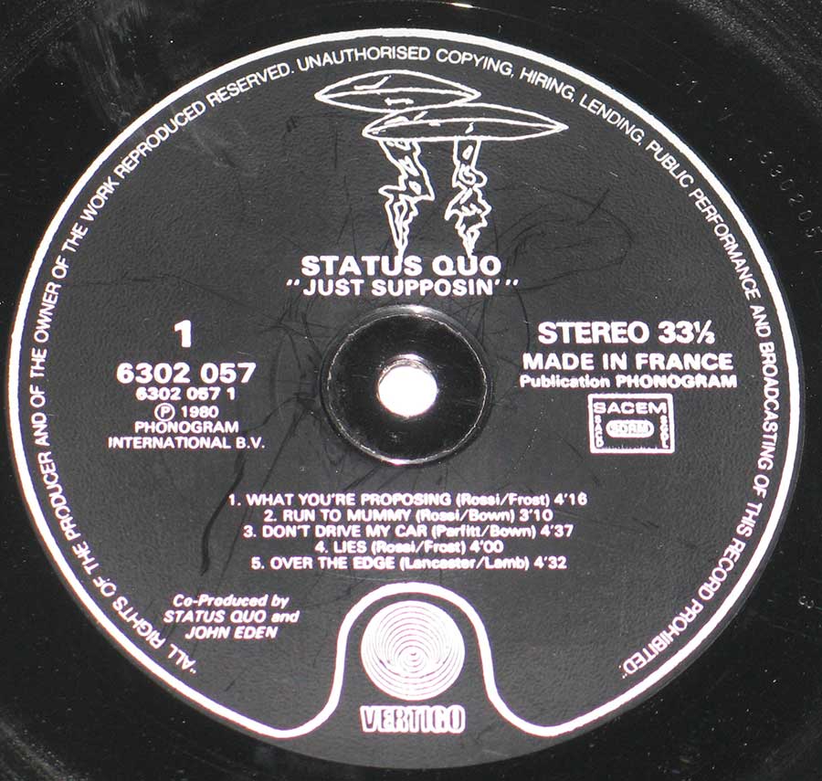 STATUS QUO - Just Supposin' 12" Vinyl LP Album
 enlarged record label