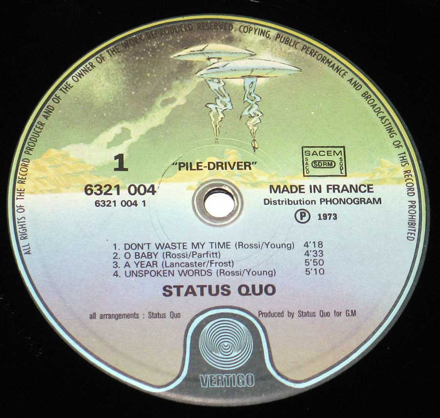 STATUS QUO - Piledriver Gatefold 12" Vinyl LP Album enlarged record label