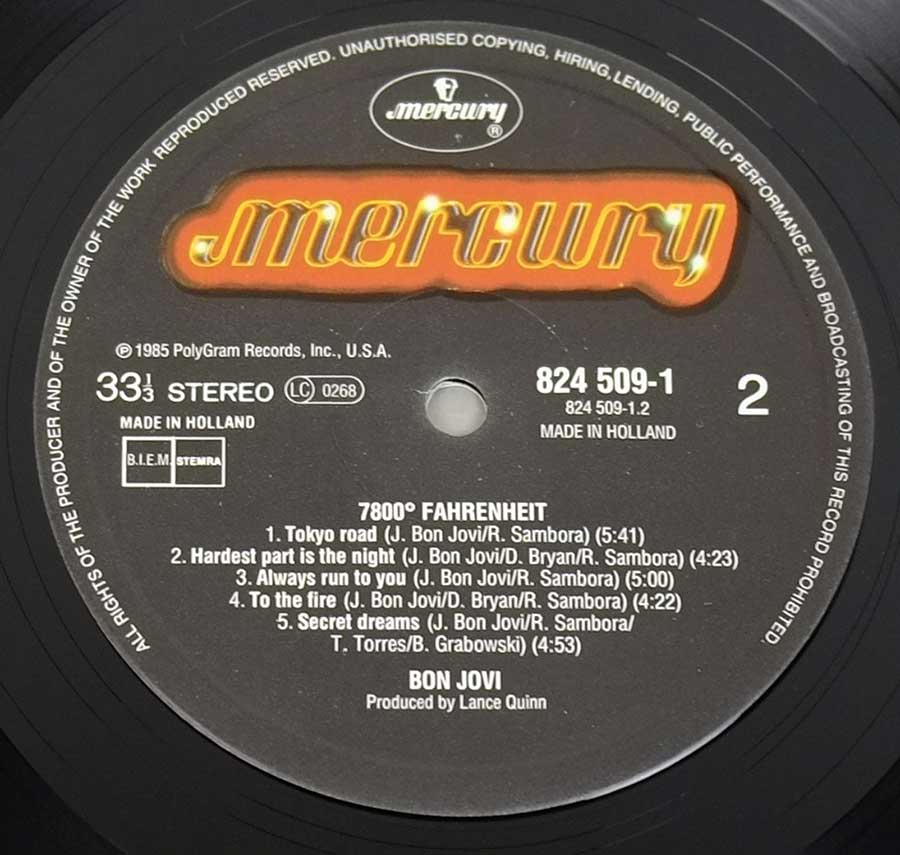 BON JOVI 7800° Fahrenheit Netherlands Release 12" Vinyl LP Album  enlarged record label
