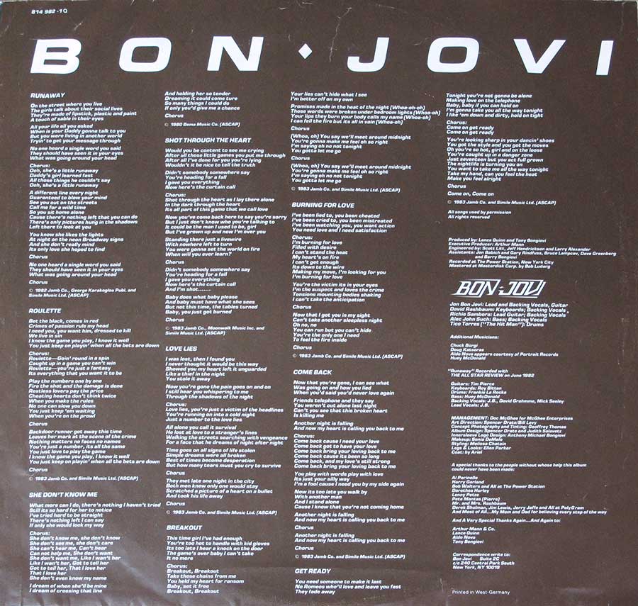 Photo Two of the original custom inner sleeve  BON JOVI S/T Self-Titled ( Germany ) 12" Vinyl LP Album 