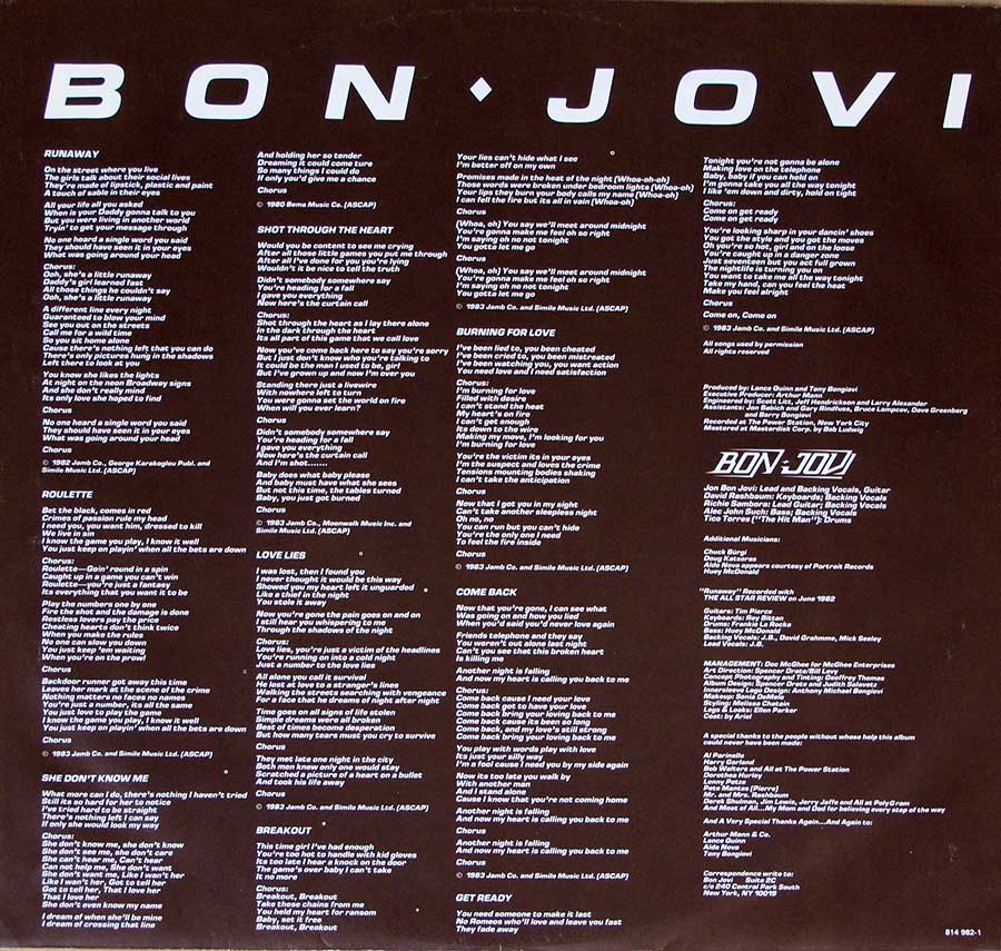 Photo One Of The Original Custom Inner Sleeve BON JOVI S/T SELF-TITLED ( Netherlands ) 12" Vinyl LP Album  