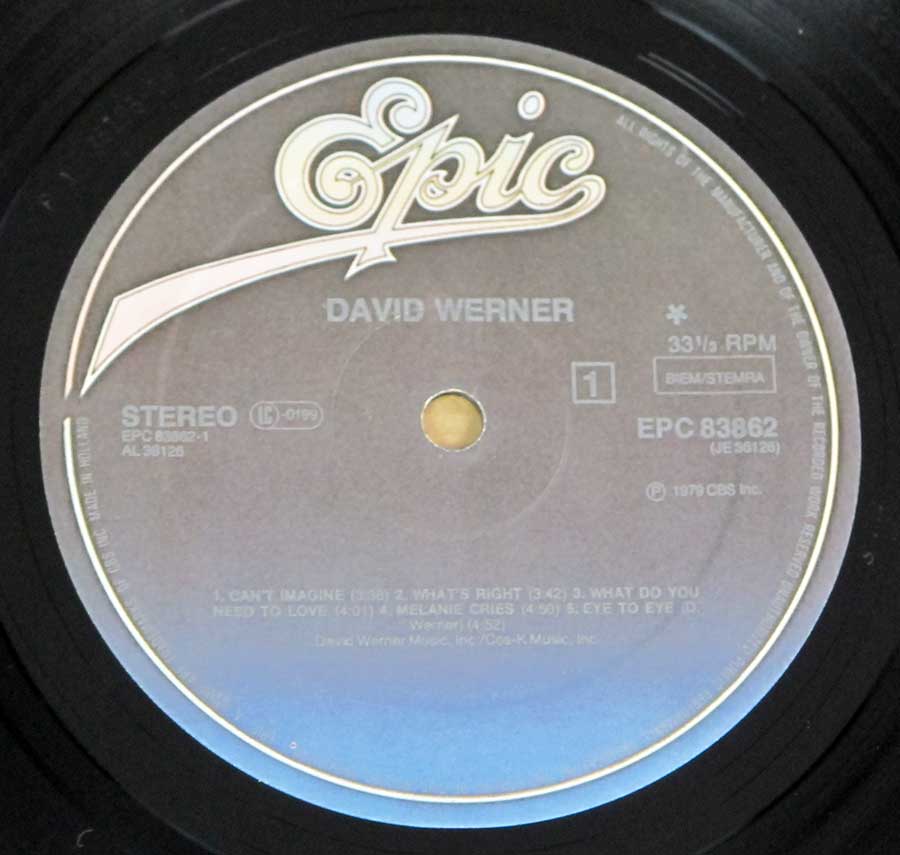Close up of record's label DAVID WERNER - Self-Titled 12" LP Vinyl Album Side One