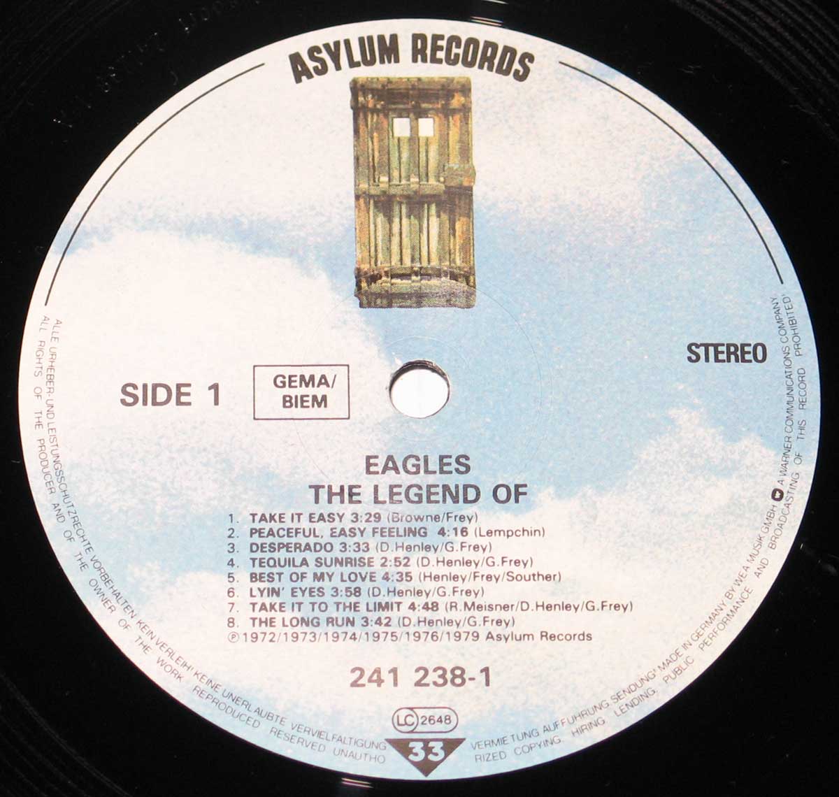 Close-up of the Asylum Records label for the Legend Of The Eagles  