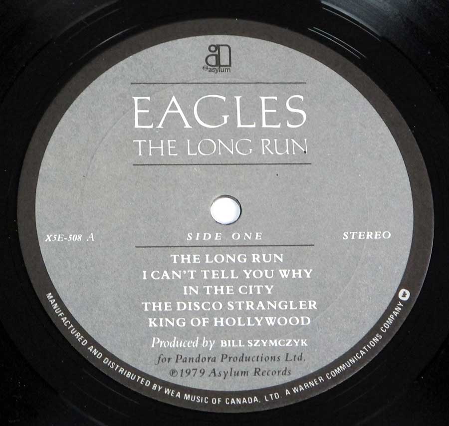Close up of record's label THE EAGLES - Long Run ( Gatefold Album Cover ) Side One