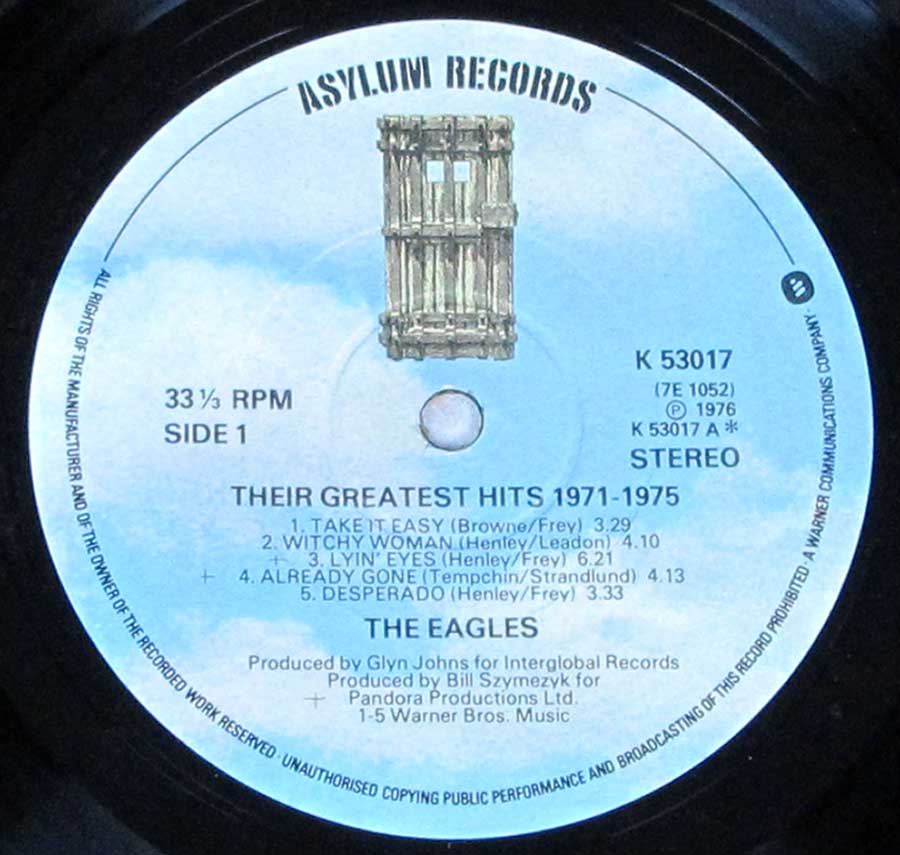 "Their Greatest Hits 1971-1975 by The Eagles" Record Label Details: ASYLUM Records K 63018 