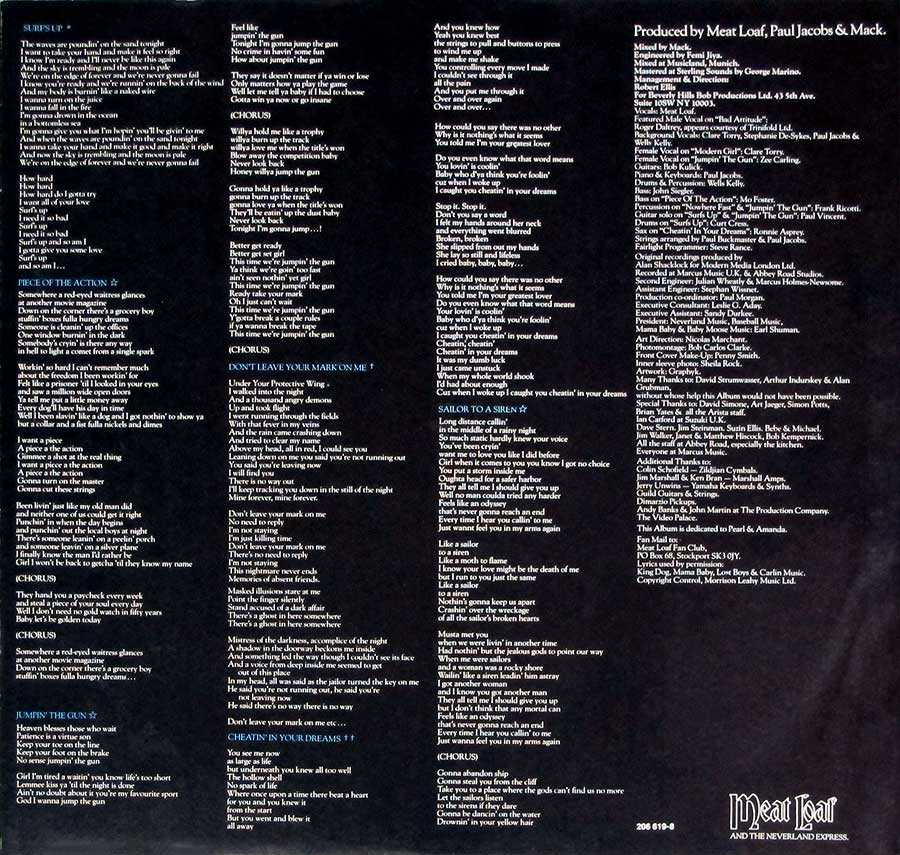 Lyrics of all the songs on Bad Attiude printed on the original custom inner sleeve 