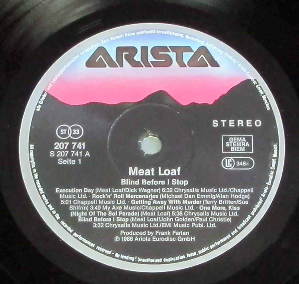 Close up of Side One record's label Blind Before I Stop