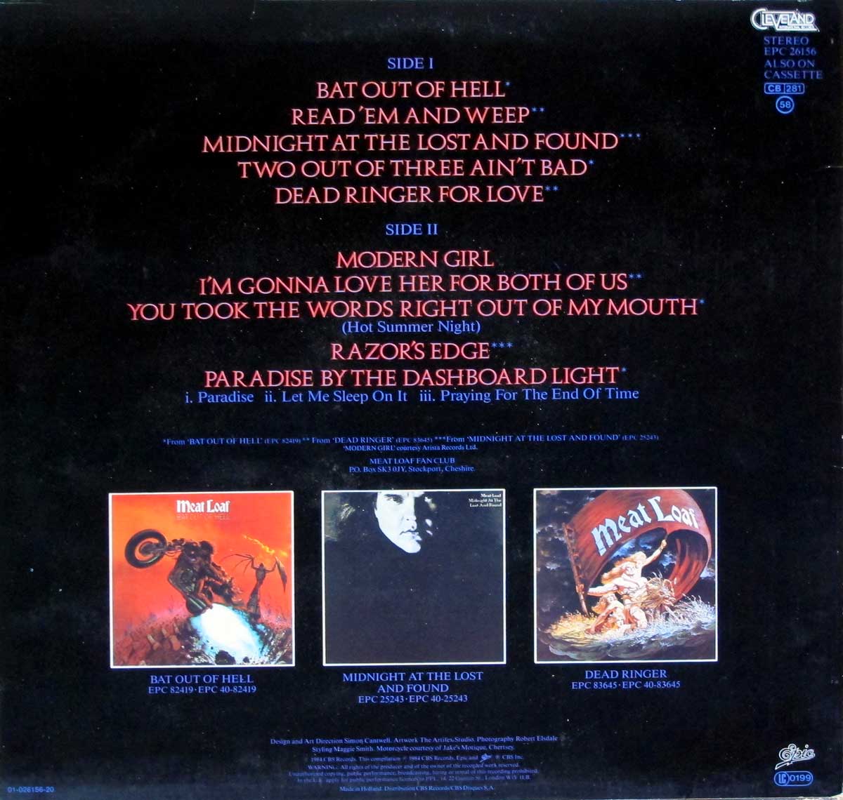 Photo of album back cover MEAT LOAF - Hits Out Of Hell 