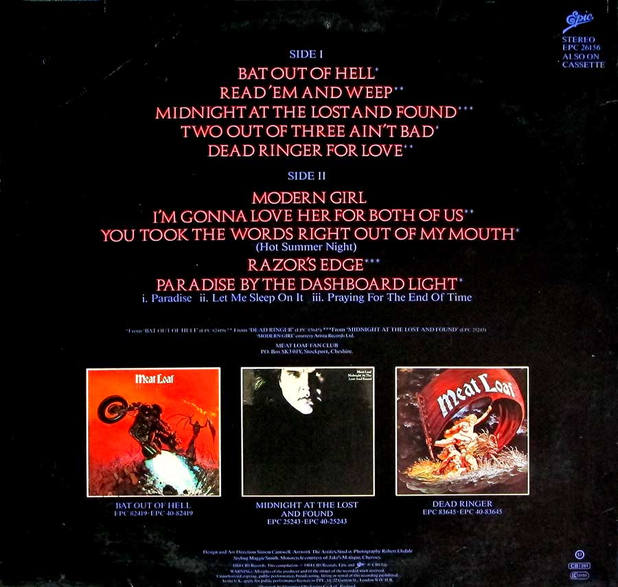 Photo of album back cover MEAT LOAF - Hits Out Of Hell Original UK Release 12" LP Vinyl Album