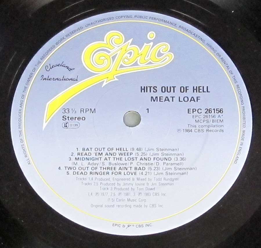 Close up of record's label MEAT LOAF - Hits Out Of Hell Original UK Release 12" LP Vinyl Album Side One