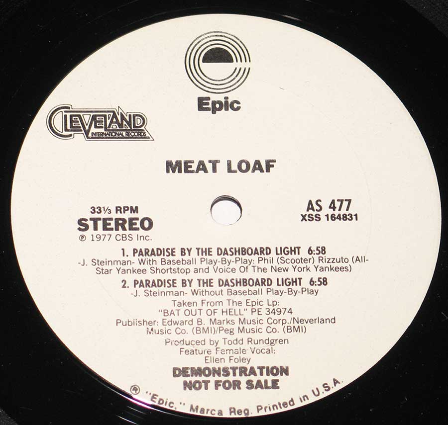 MEAT LOAF - Paradise By The Dashboard Light White Label Demo 12" LP Vinyl Album enlarged record label