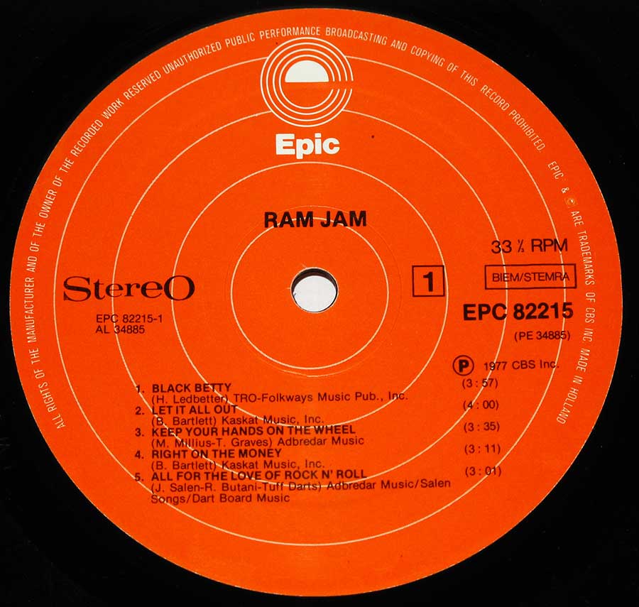 Close up of Side One record's label RAM JAM Self-Titled Black Betty 12" Vinyl LP Album