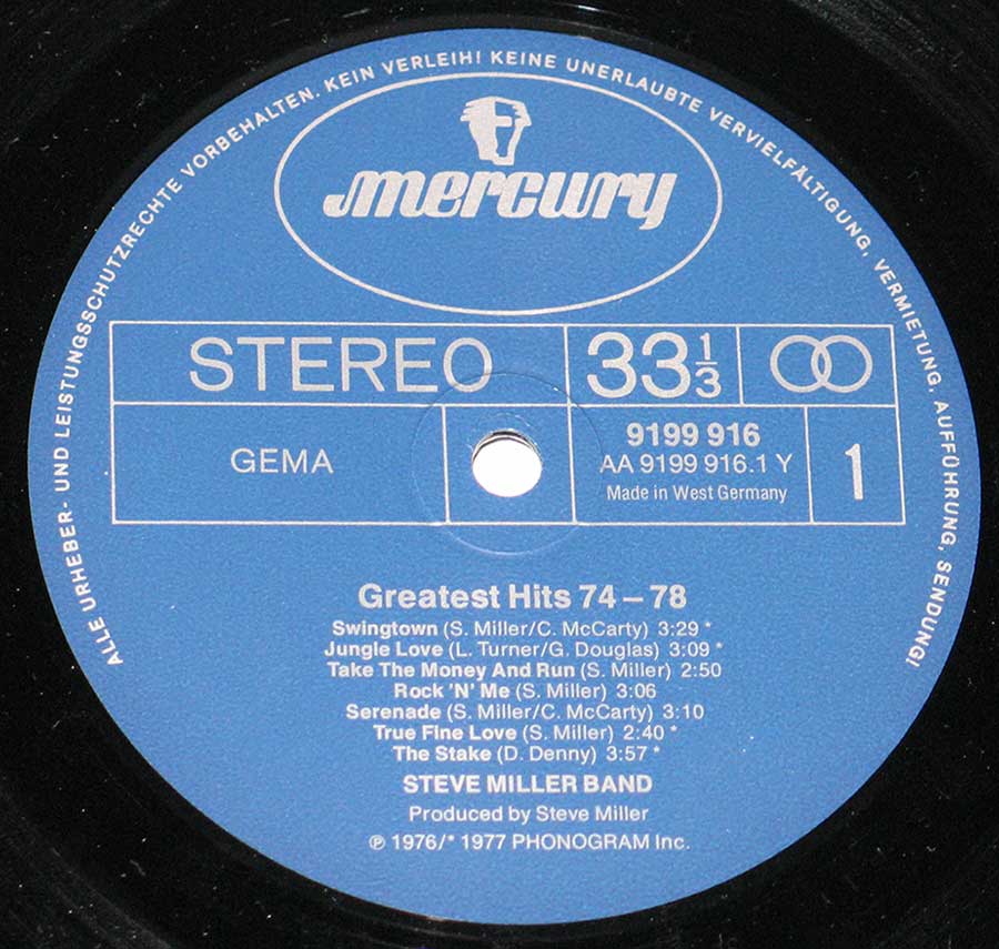 "Greatest Hits 1974-78" Record Label Details: Mercury 9199 916 ( AA 9199916 ) ℗ 1976/1977 Phonogram Sound Copyright 