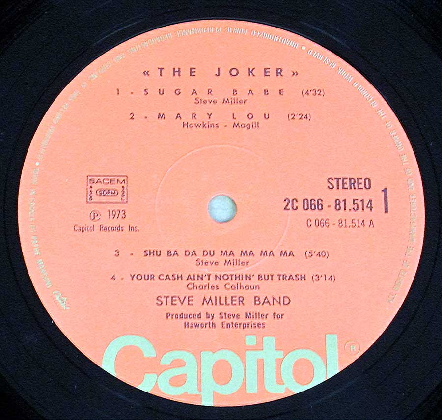 Close up of record's label STEVE MILLER BAND - The Joker Gatefold Cover Side One