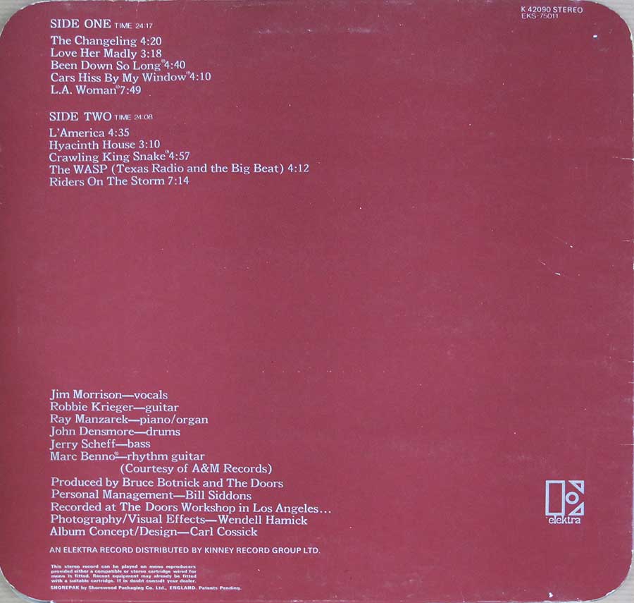 DOORS - L.A. Woman France Rare Semi-Transparent Rounded Corners 12" LP VINYL ALBUM
 back cover