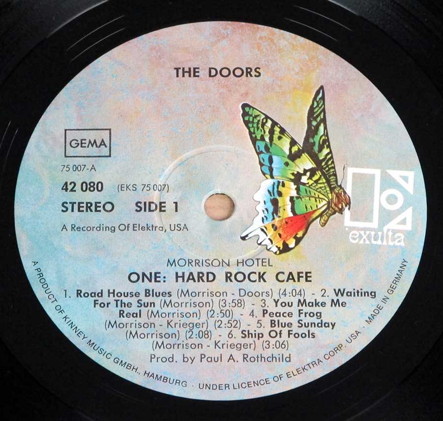 Close up of record's label THE DOORS - Morrison Hotel ( German Release ) Side One