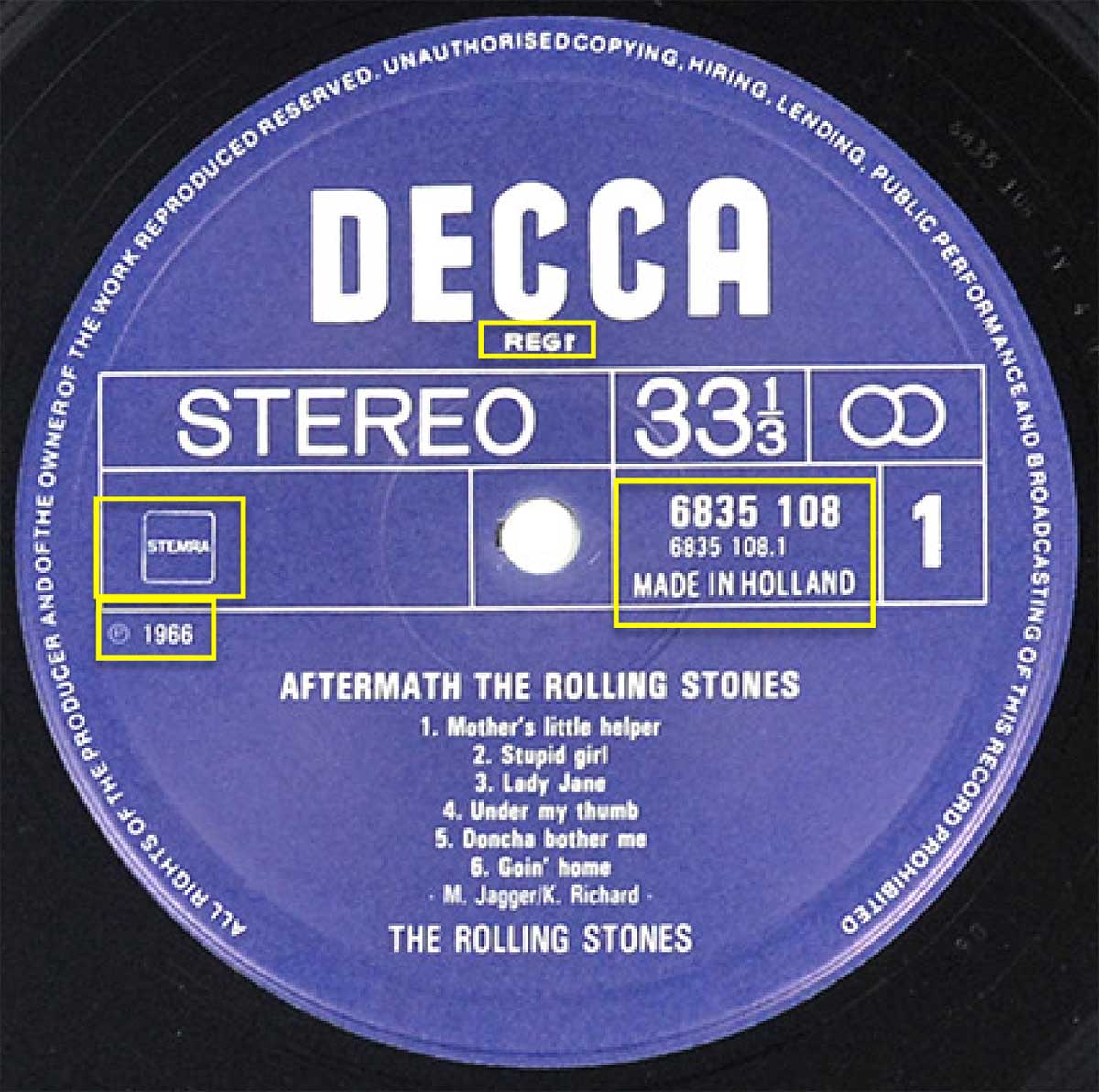 Photo of record label of ROLLING STONES - Aftermath DECCA NETHERLANDS 