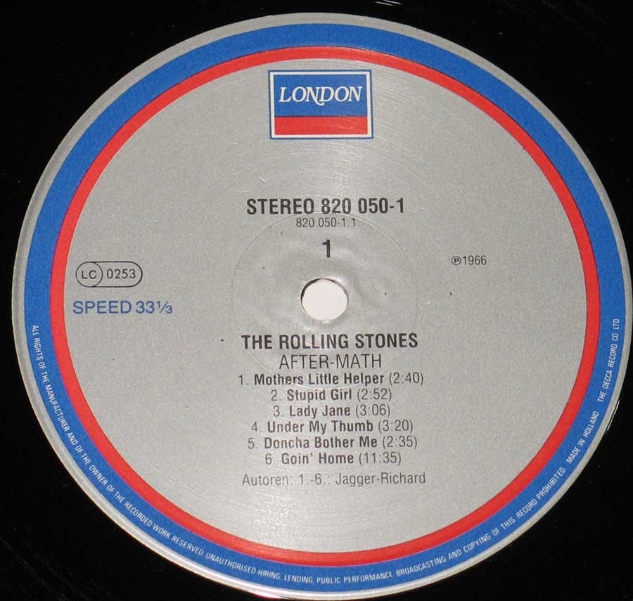 Close up of record's label ROLLING STONES - Aftermath London Records Holland Side One