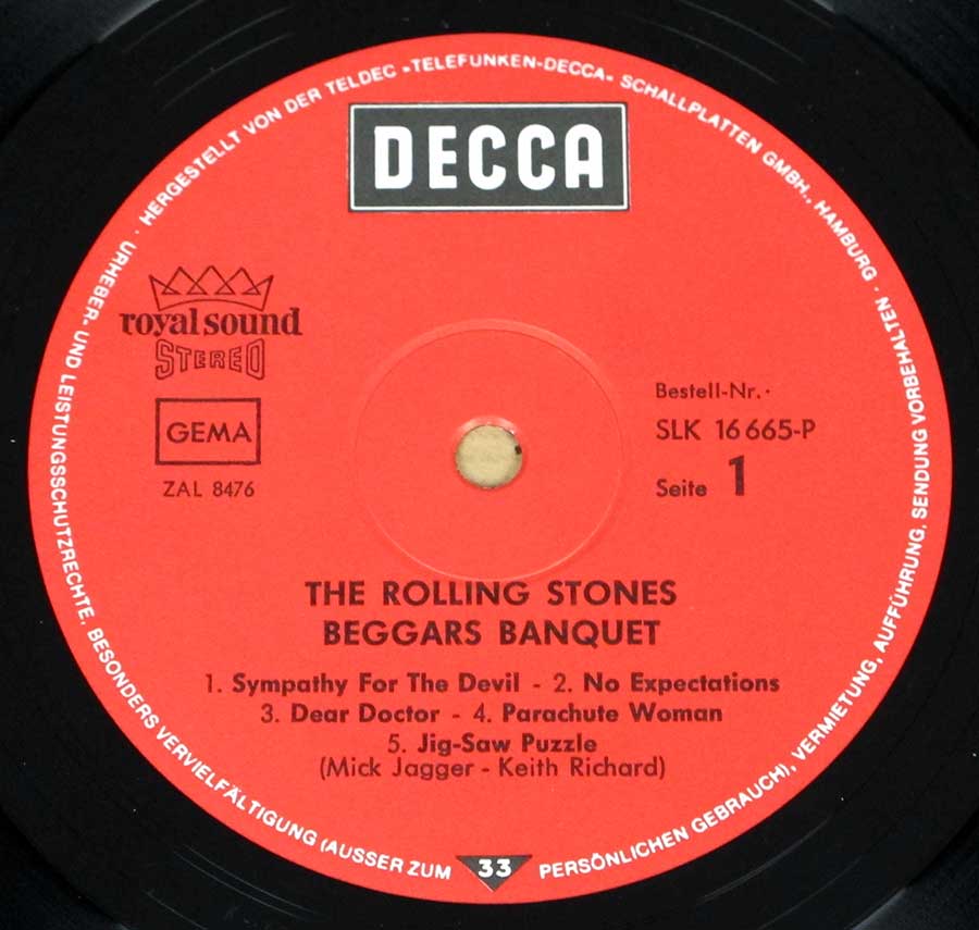 Close up of record's label ROLLING STONES - Beggars Banquet - Red Colour Decca Germany Side One