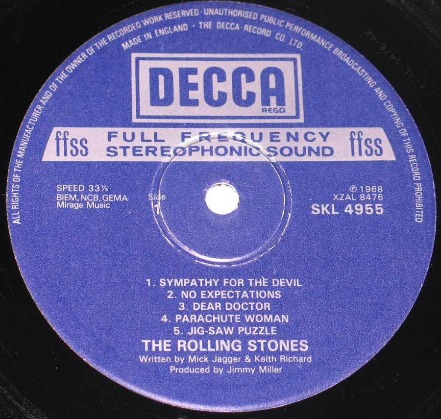 Close up of record's label ROLLING STONES - Beggars Banquet DECCA FFSS Side One