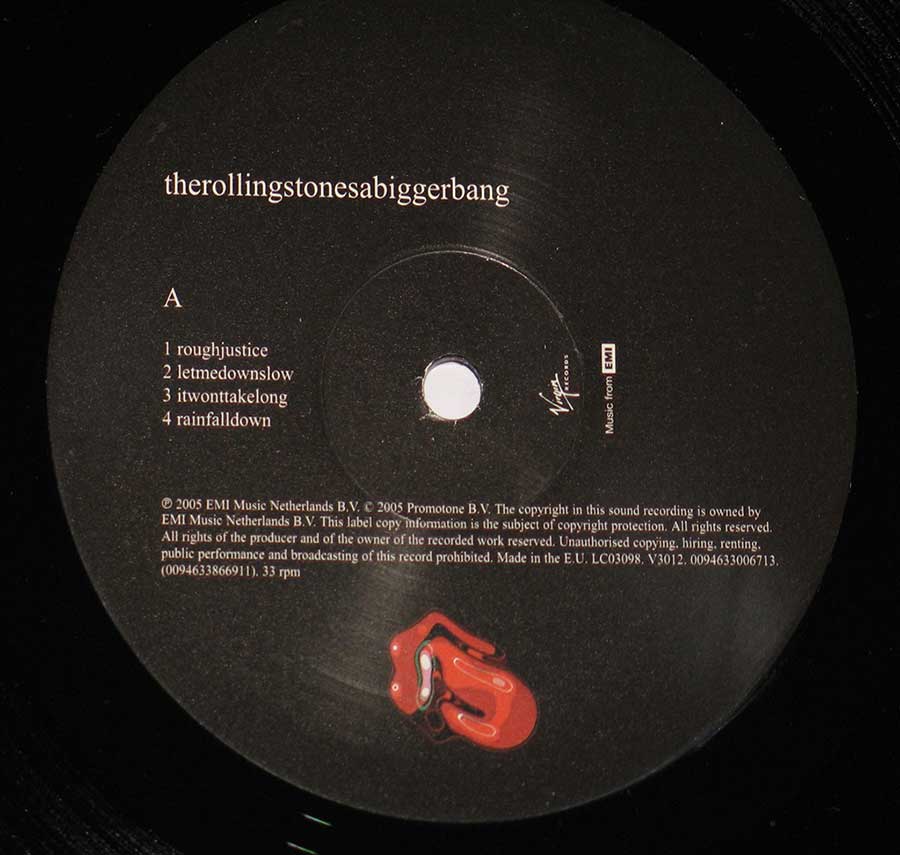 Close up of record's label ROLLING STONES - A Bigger Bang Side One