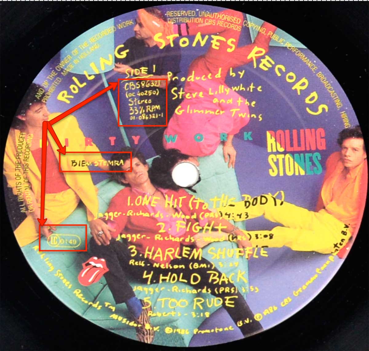 Enlarged & Zoomed photo of "ROLLING STONES Dirty Work" Record's Label
