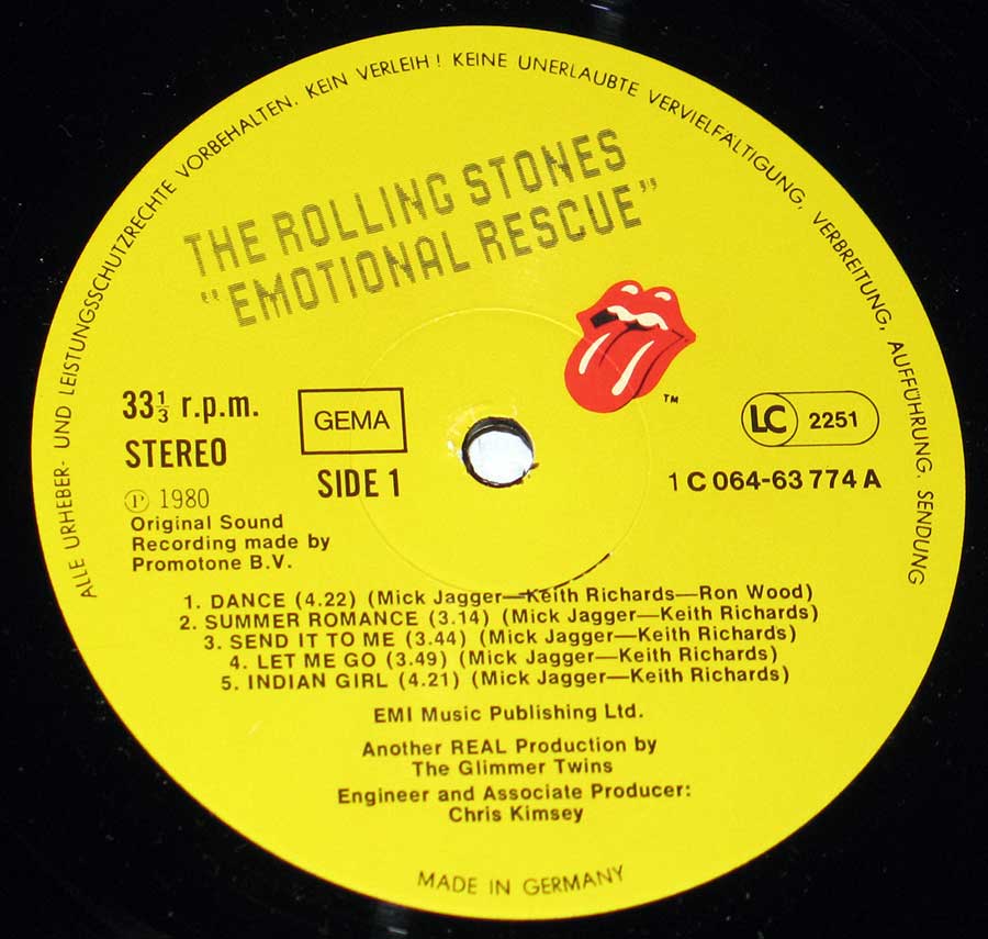 Close up of Side One Rolling Stones - Emotional Rescue 