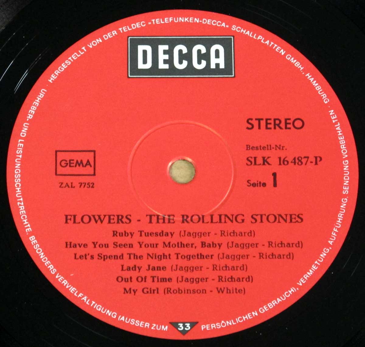 Enlarged High Resolution Photo of the Record's label Rolling Stones - Flowers ( Germany ) https://vinyl-records.nl
